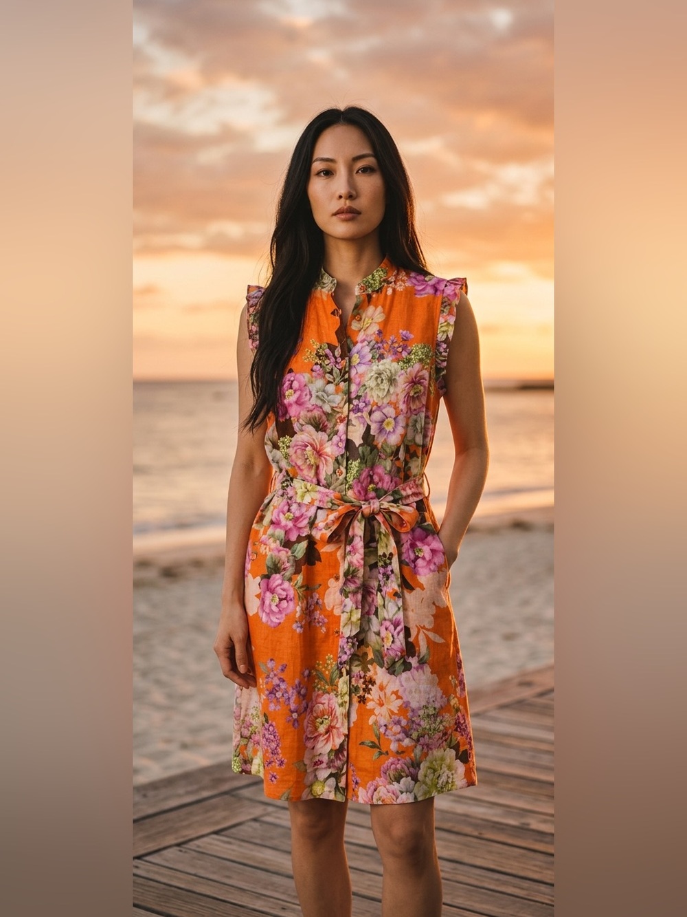 Floral Orange Buttoned Dress with Flutter Sleeves